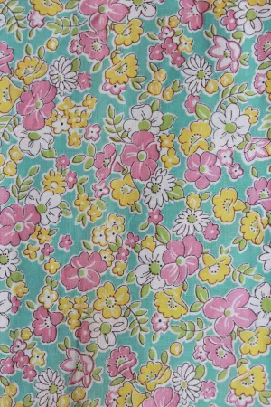 1960s Vintage Floral Fabric, 2 Yards, Teal And Pink Flower Sewing Fabric