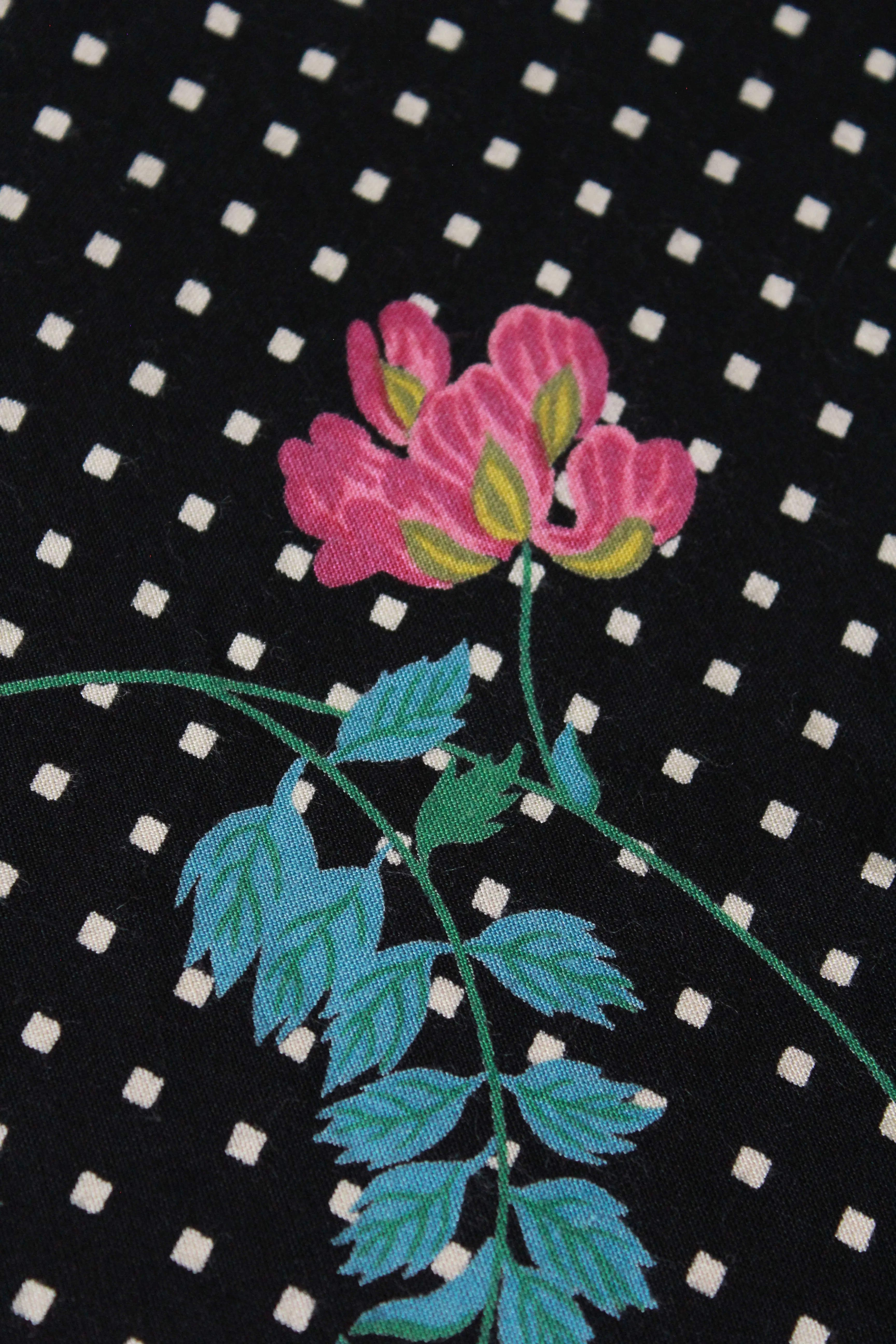 1980s Border Print In Black Polka Dot With Pink Hibiscus Flowers 3.7 Yards