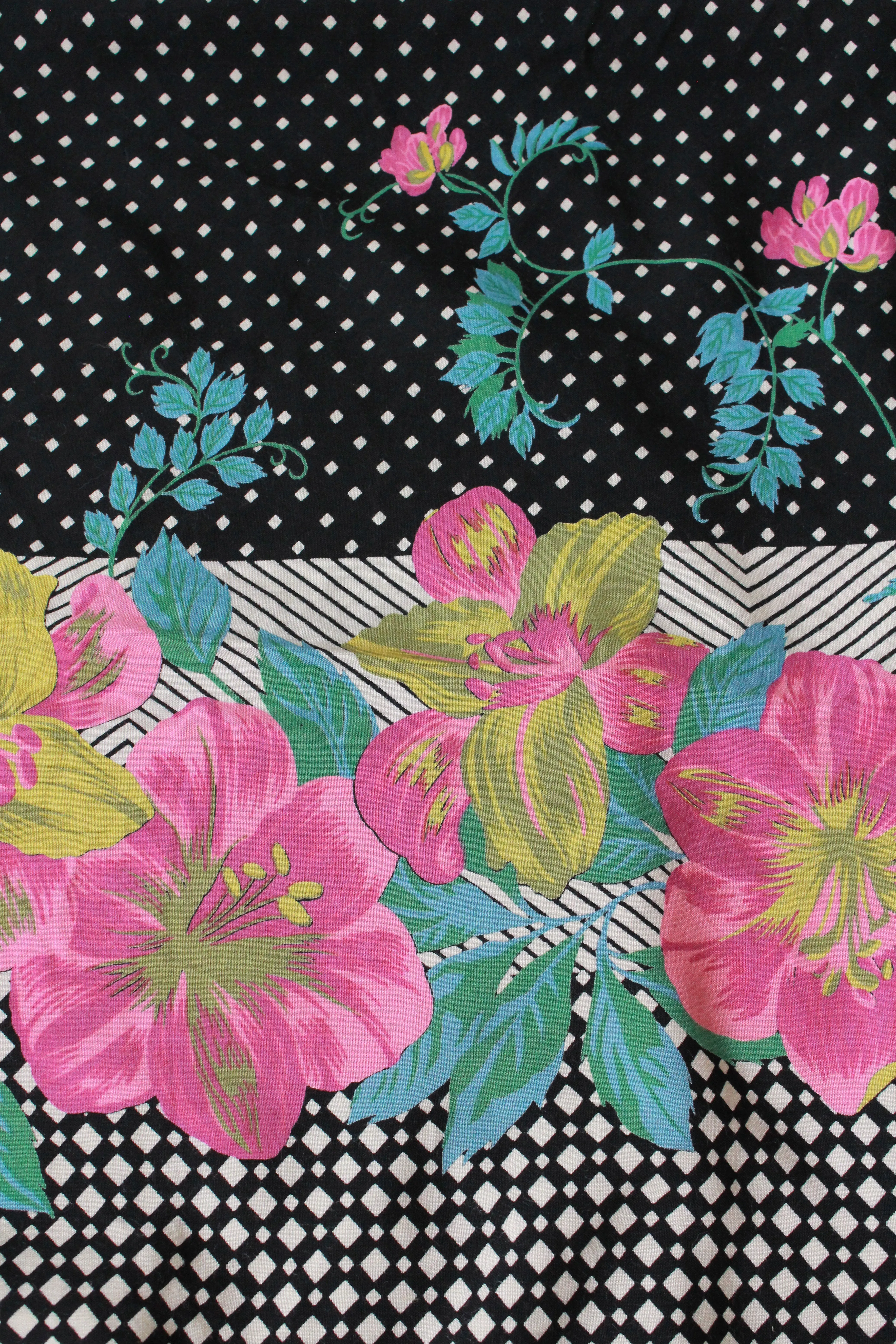 1980s Border Print In Black Polka Dot With Pink Hibiscus Flowers 3.7 Yards