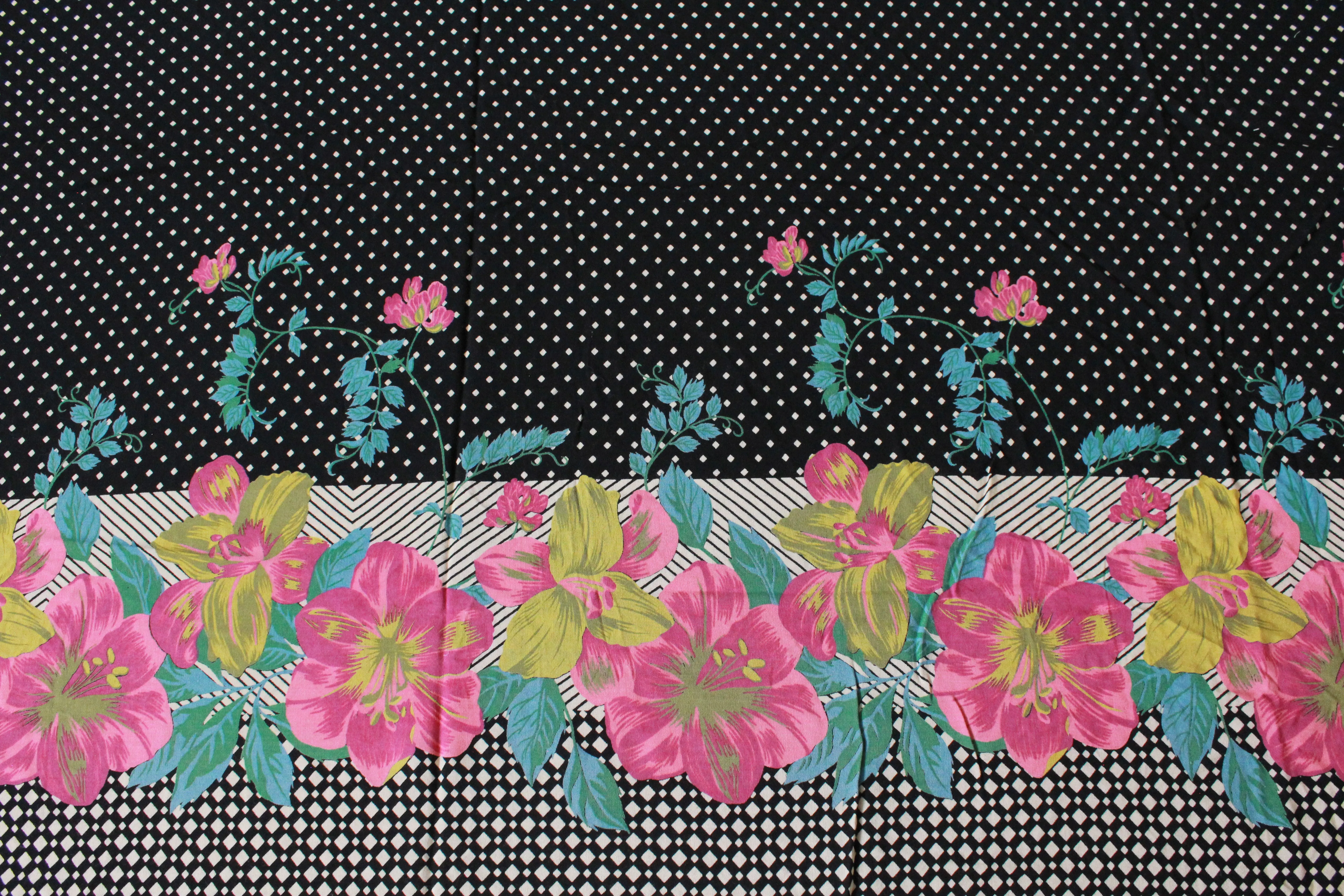 1980s Border Print In Black Polka Dot With Pink Hibiscus Flowers 3.7 Yards