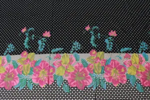 1980s Border Print In Black Polka Dot With Pink Hibiscus Flowers 3.7 Yards