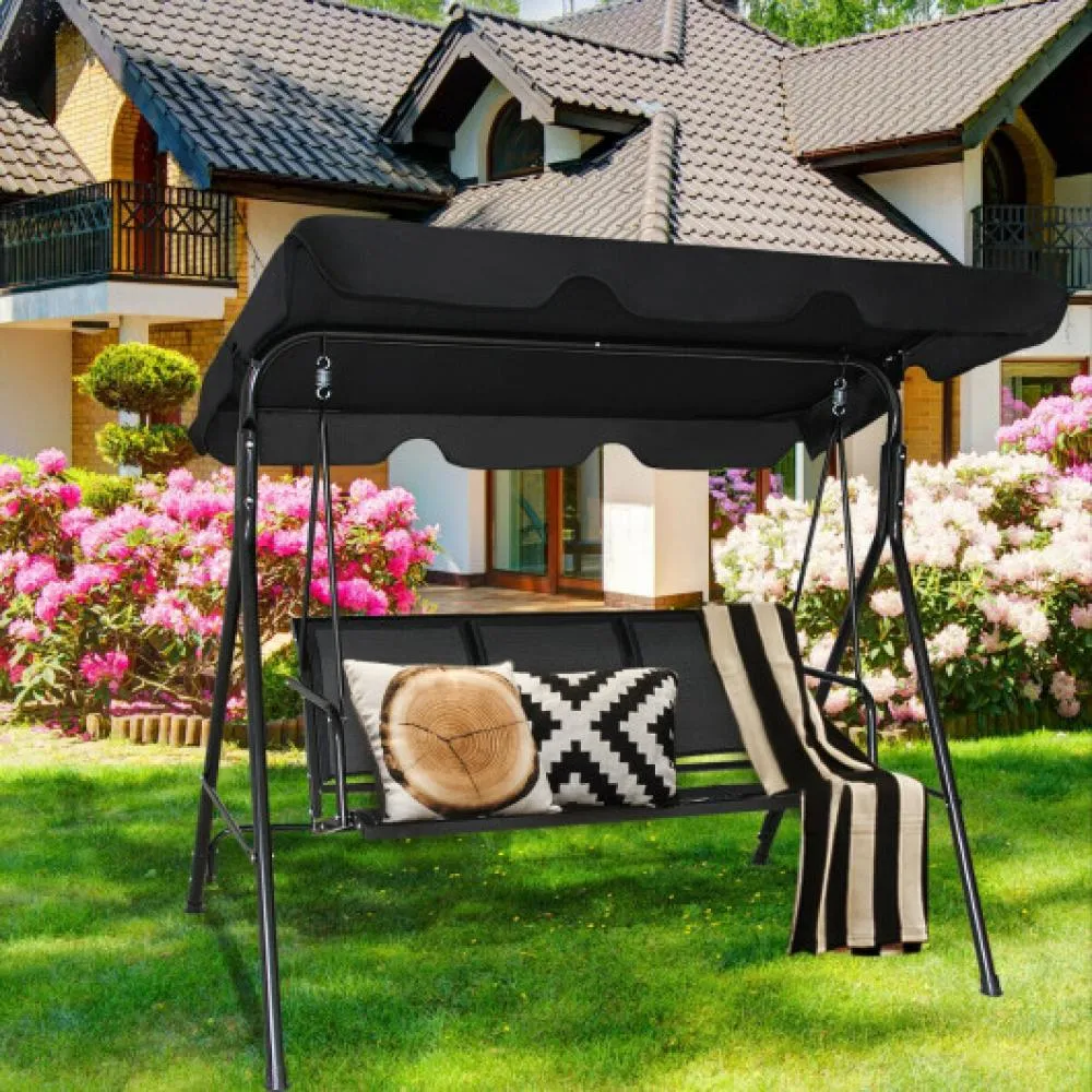 3 Person Steel Frame Patio Swing with Polyester Angle and Adjustable Canopy-Brown