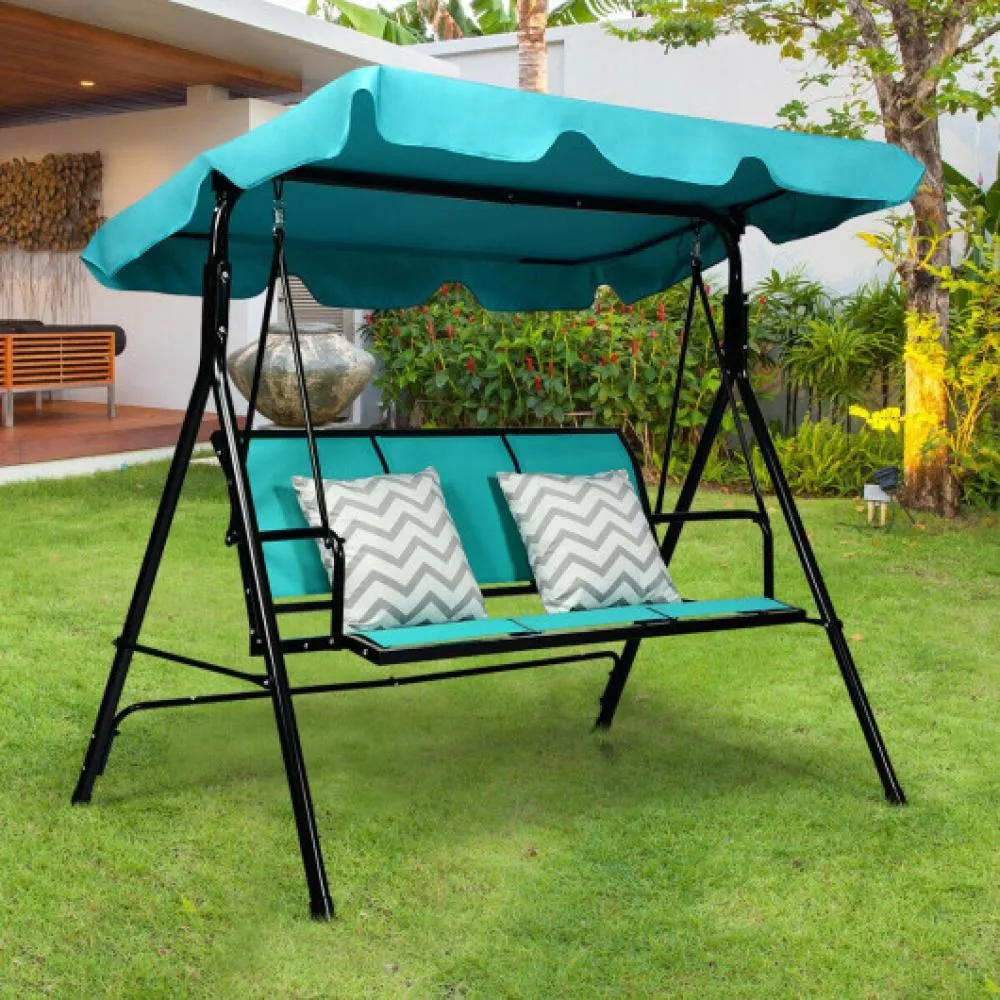 3 Person Steel Frame Patio Swing with Polyester Angle and Adjustable Canopy-Brown