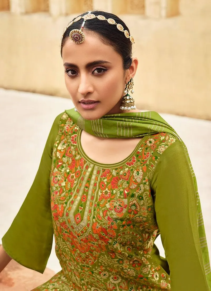 Adorable Look Silk Fabric Green Color Silk Weave Pant Style Salwar Suit