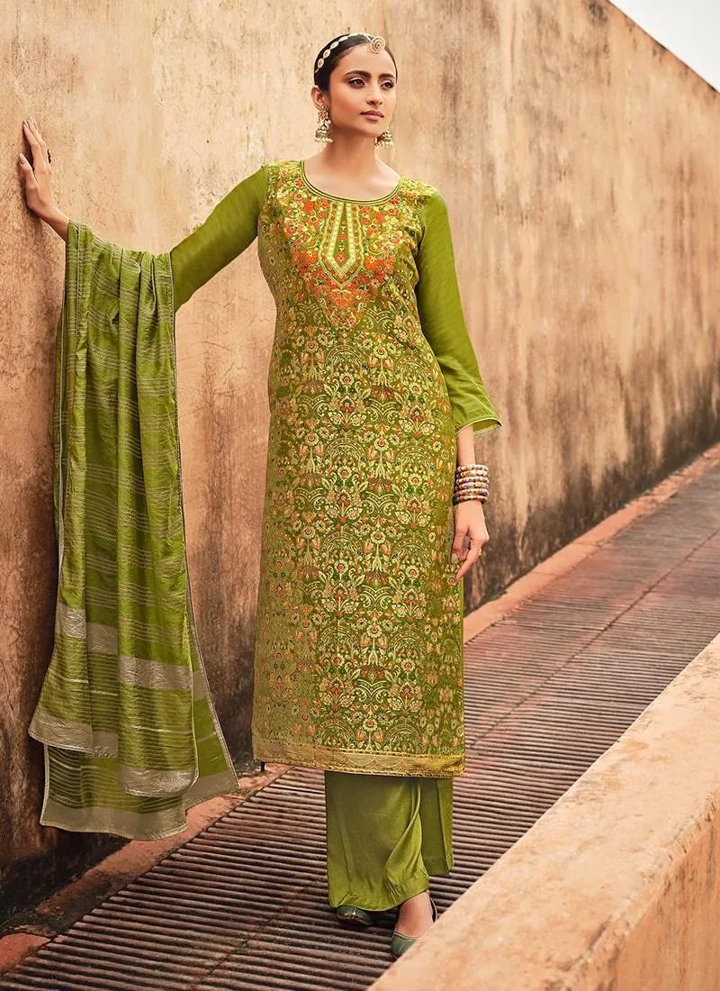 Adorable Look Silk Fabric Green Color Silk Weave Pant Style Salwar Suit