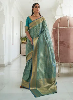 Aesthetic Look Turquoise Color Silk Weave Silk Material Embroidered Saree