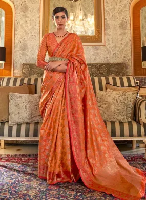 Aesthetic Silk Base Orange Color V-neck Blouse Silk Weave Saree