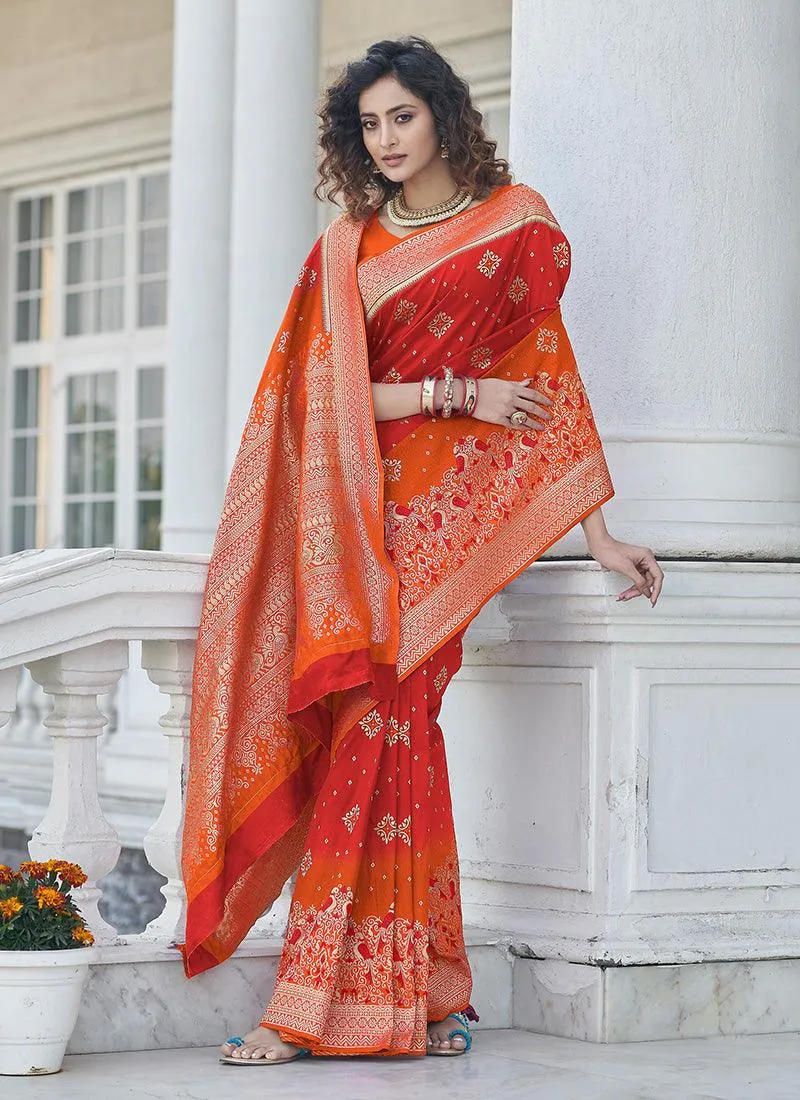 Alluring Red Color Banarasi Silk Base Saree With Silk Weaving