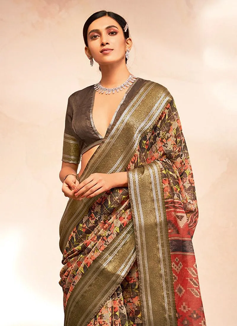 Art Silk Base Green Color Printed Saree With Silk Weave Border