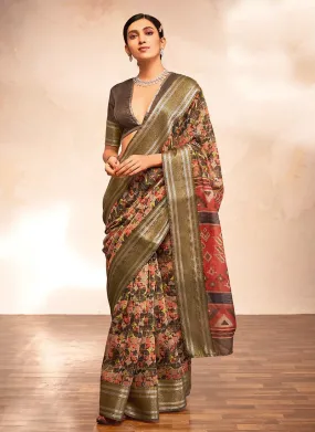 Art Silk Base Green Color Printed Saree With Silk Weave Border