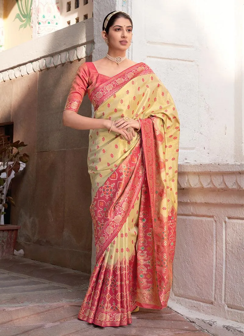 Artistic Look Off-White And Orange Color Silk Fabric Silk Weave Saree