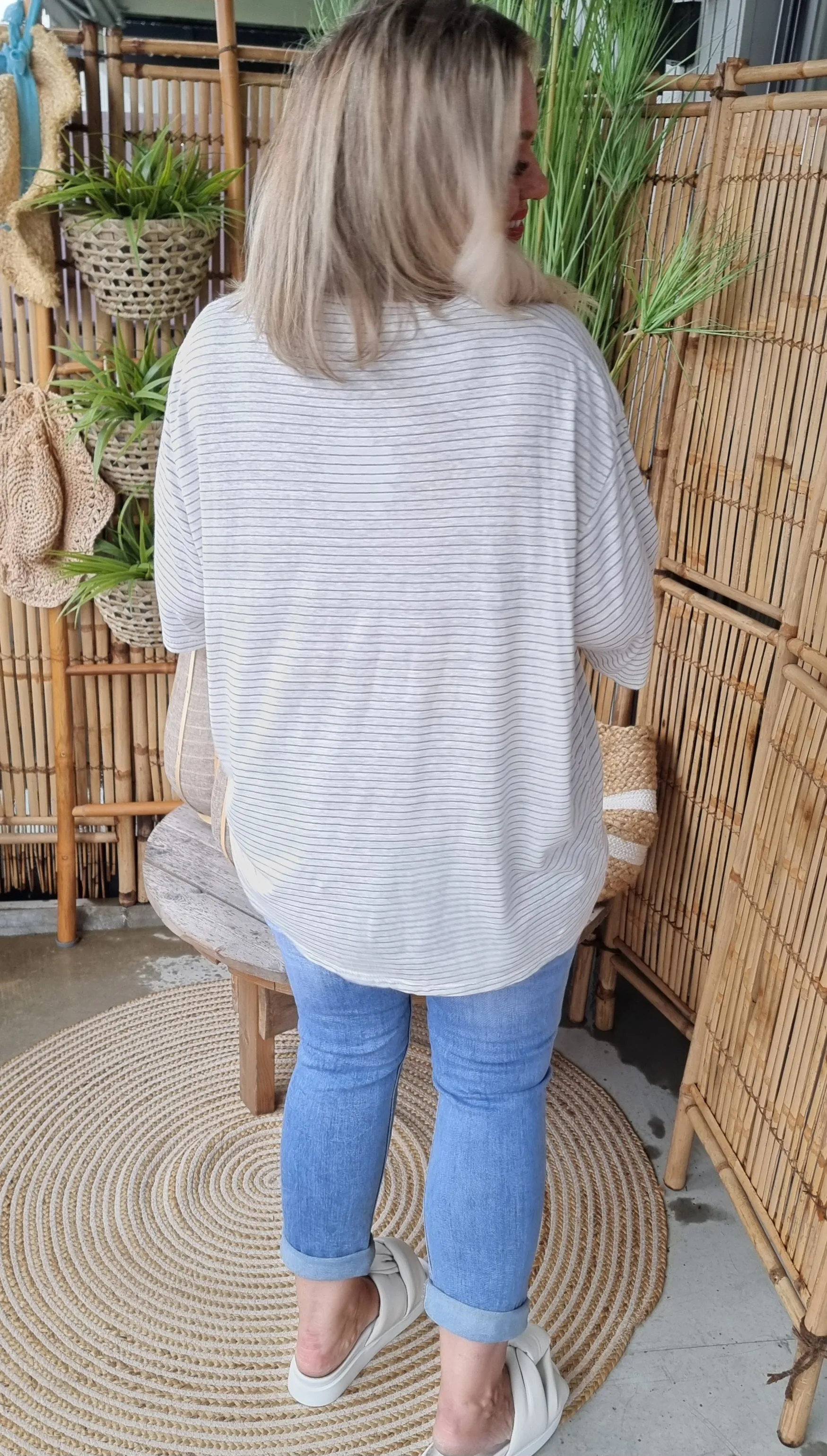 Baggy Linen Striped Top Blue