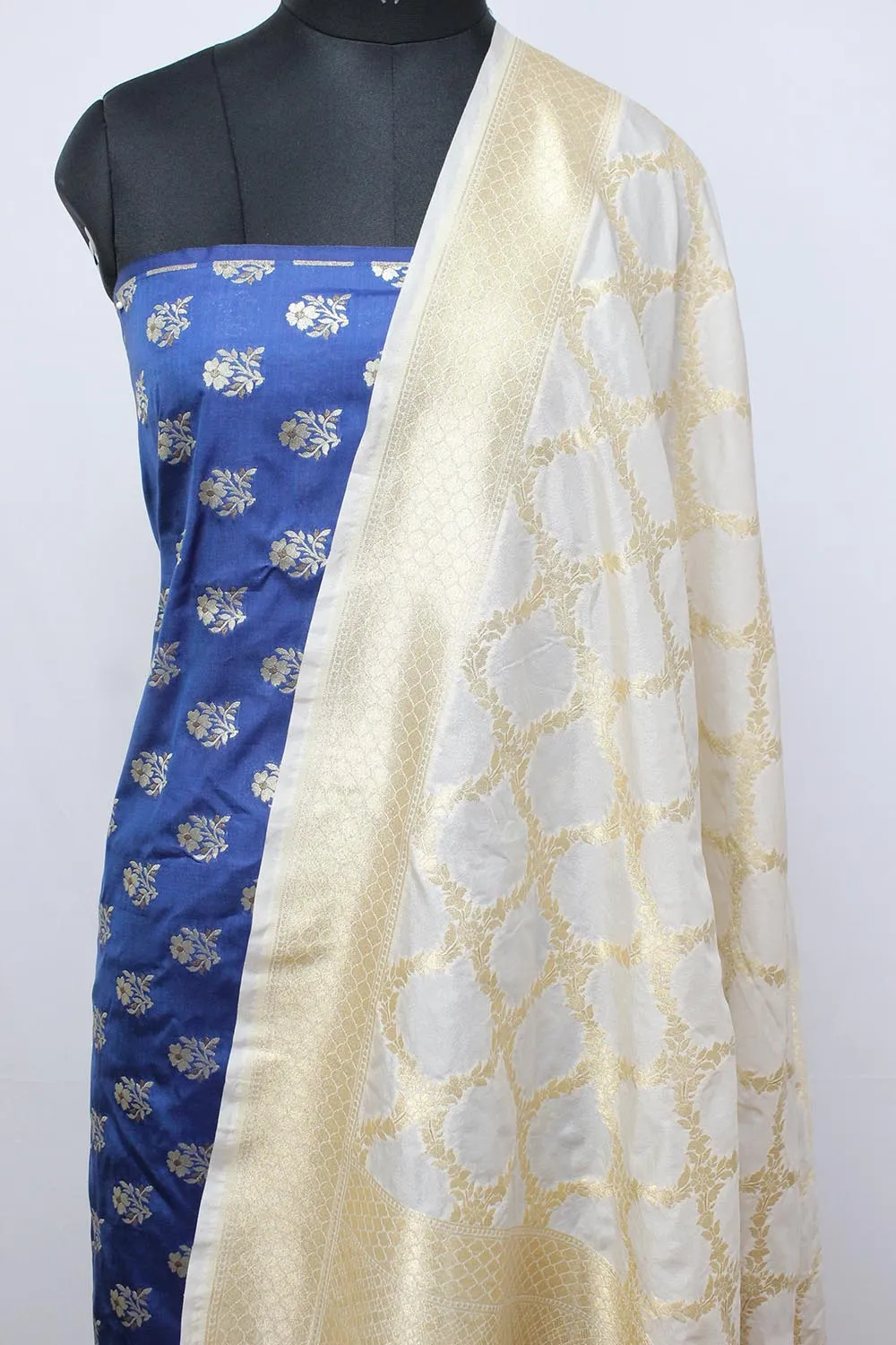 Blue Banarasi Silk Suit With Off White Banarasi Silk Dupatta