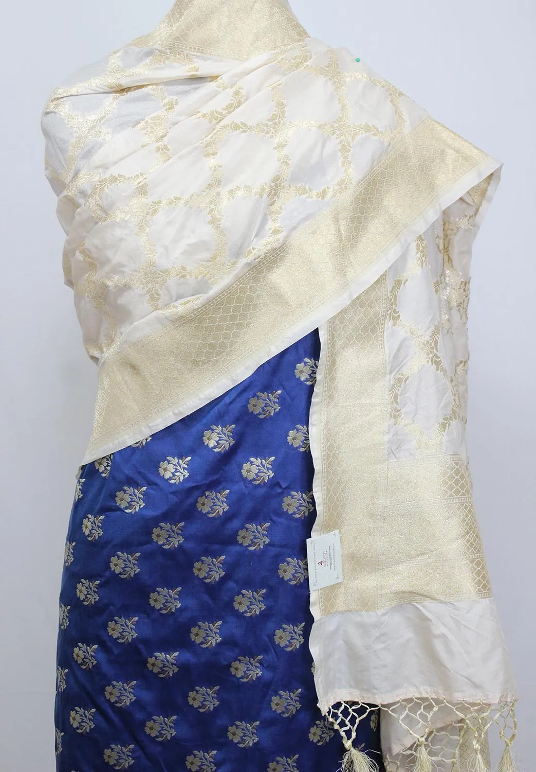 Blue Banarasi Silk Suit With Off White Banarasi Silk Dupatta