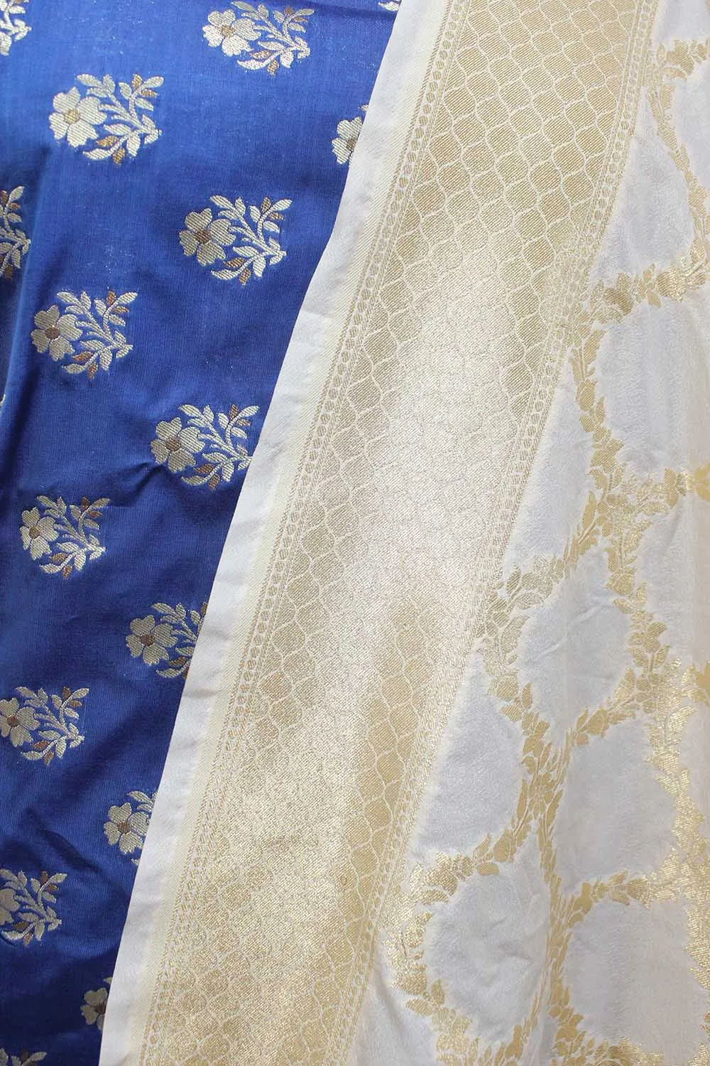 Blue Banarasi Silk Suit With Off White Banarasi Silk Dupatta