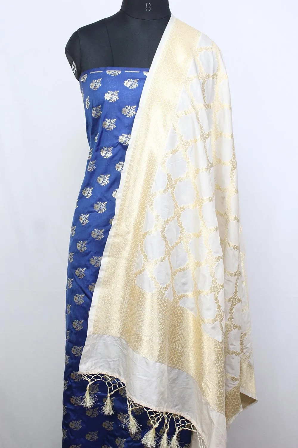 Blue Banarasi Silk Suit With Off White Banarasi Silk Dupatta