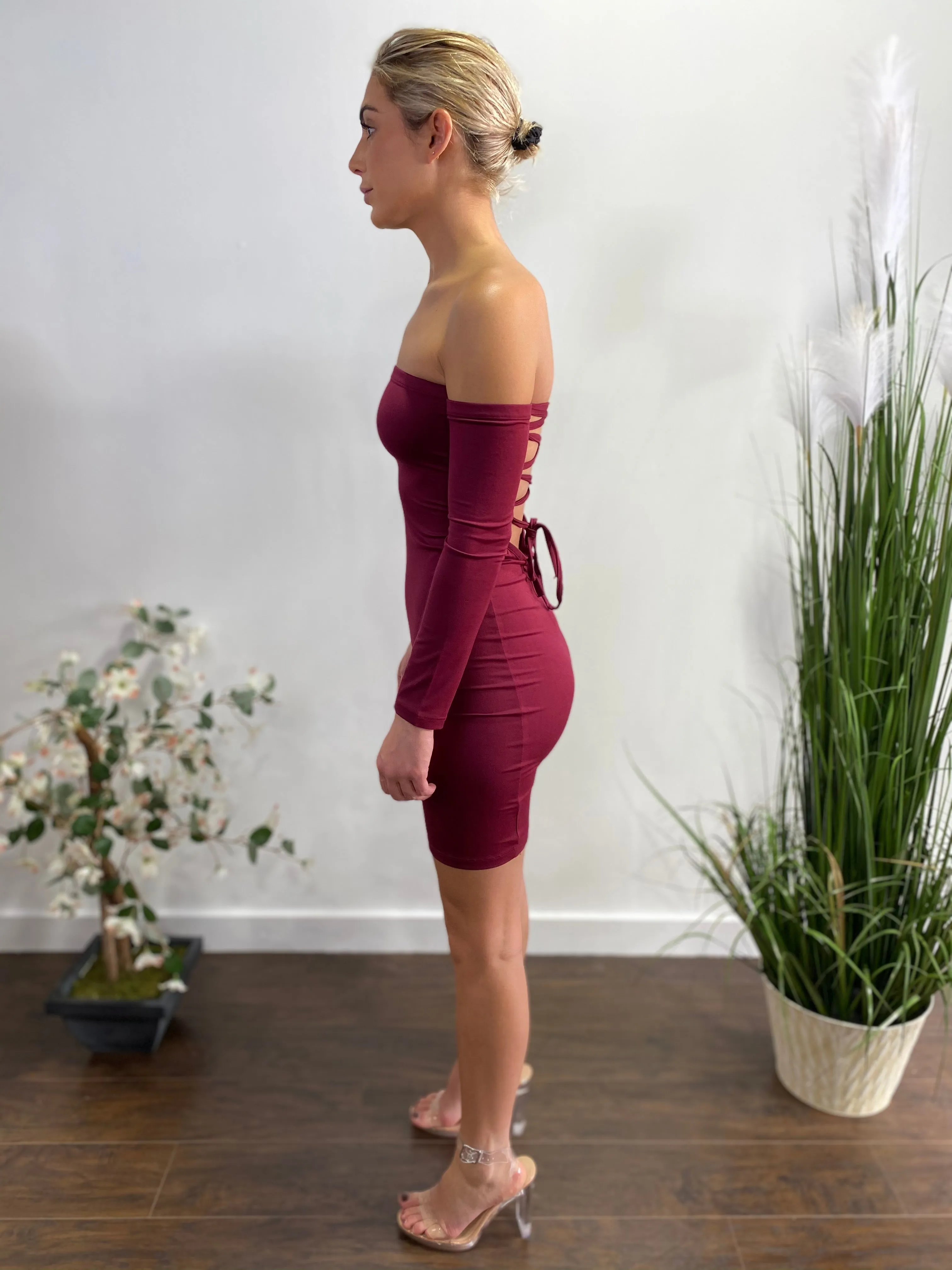 Capella Open Back Bodycon Dress (Burgundy) BD2929