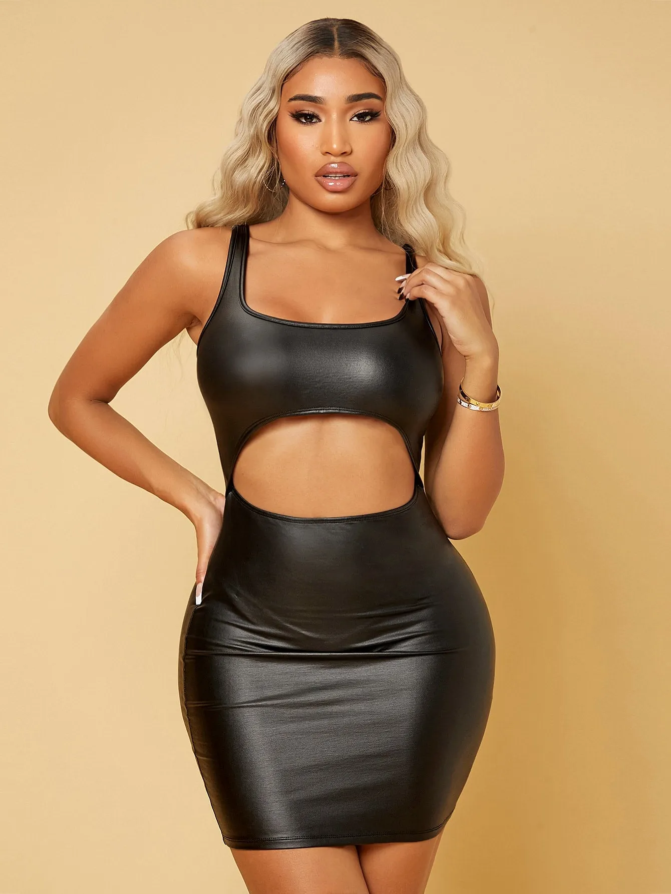 Cut Out Bodycon PU Leather Dress