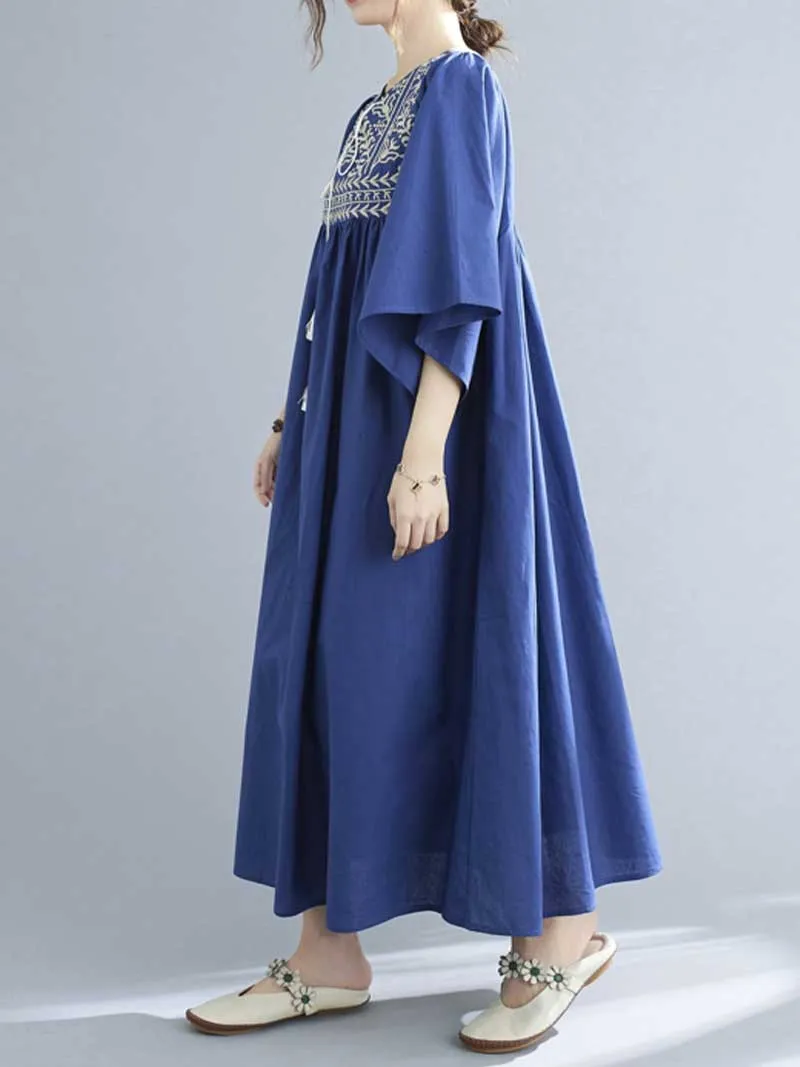 Embroidered Polyester Round-Neck A-Line Dress