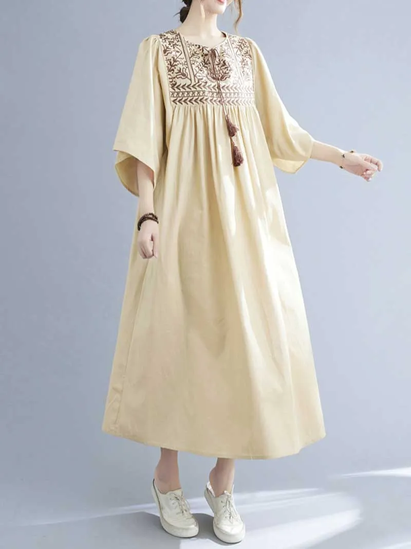 Embroidered Polyester Round-Neck A-Line Dress