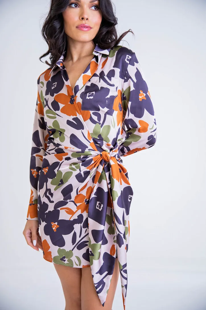 Floral Satin Wrap Dress