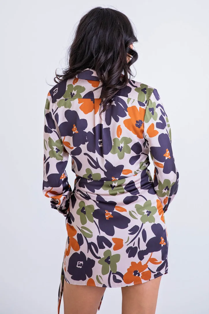 Floral Satin Wrap Dress