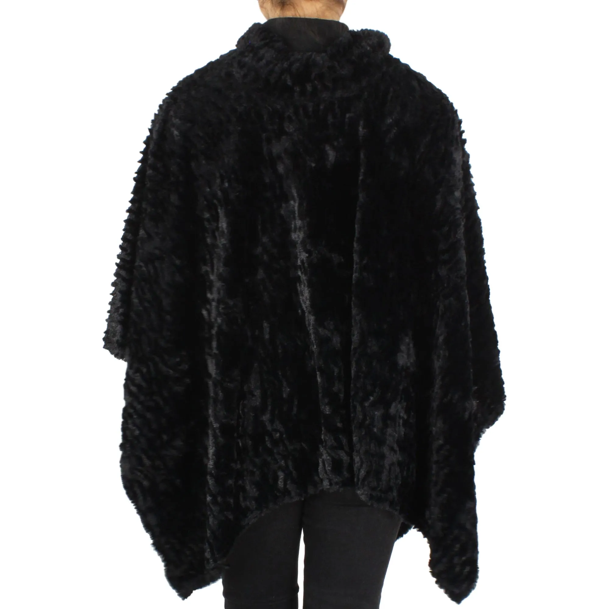 Fur Trim Faux Poncho 100% Polyester - Black