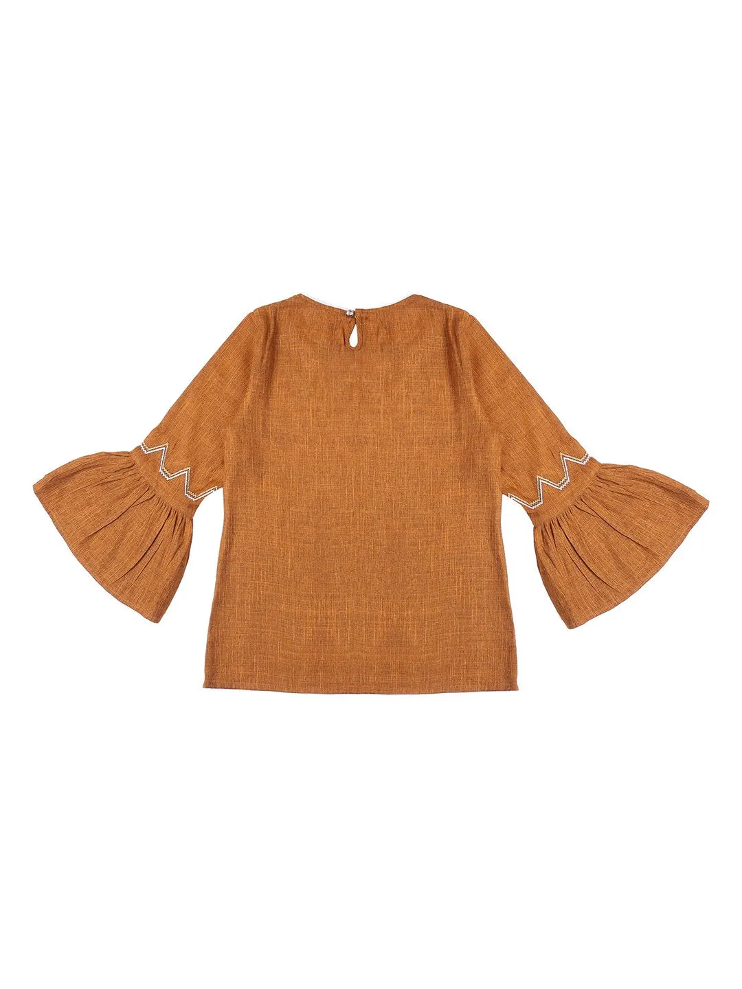 Ishin Girls Cotton Polyester Orange Embroidered Top