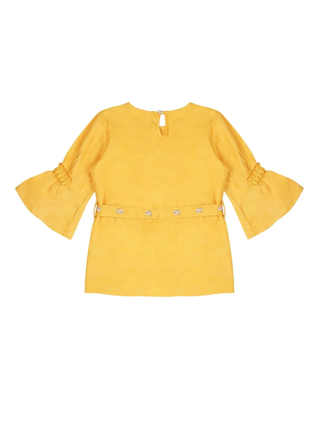 Ishin Girls Cotton Polyester Yellow Embroidered Top