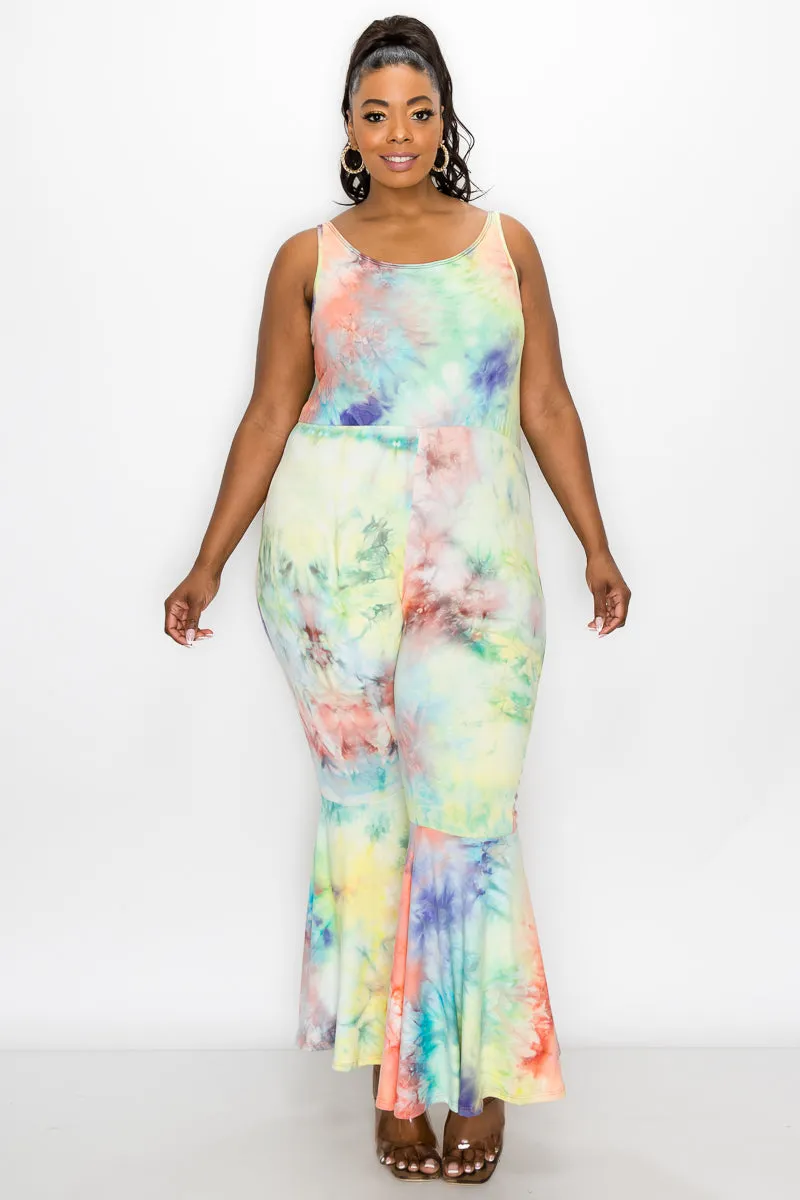 Kelse Tie Dye Bodycon Flare Leg Jumpsuit