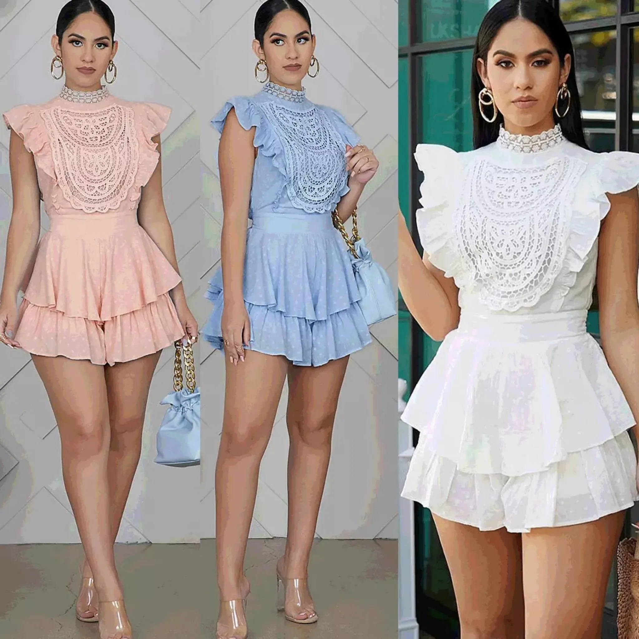 Lace Ruffles Splice Rompers