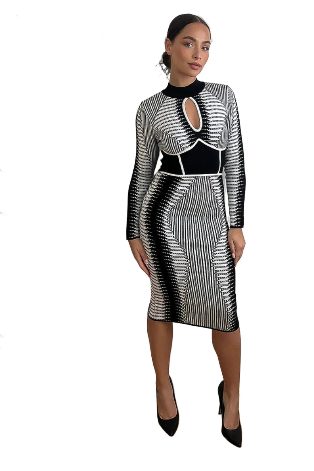 Monochrome Contour Knitted Bodycon Dress