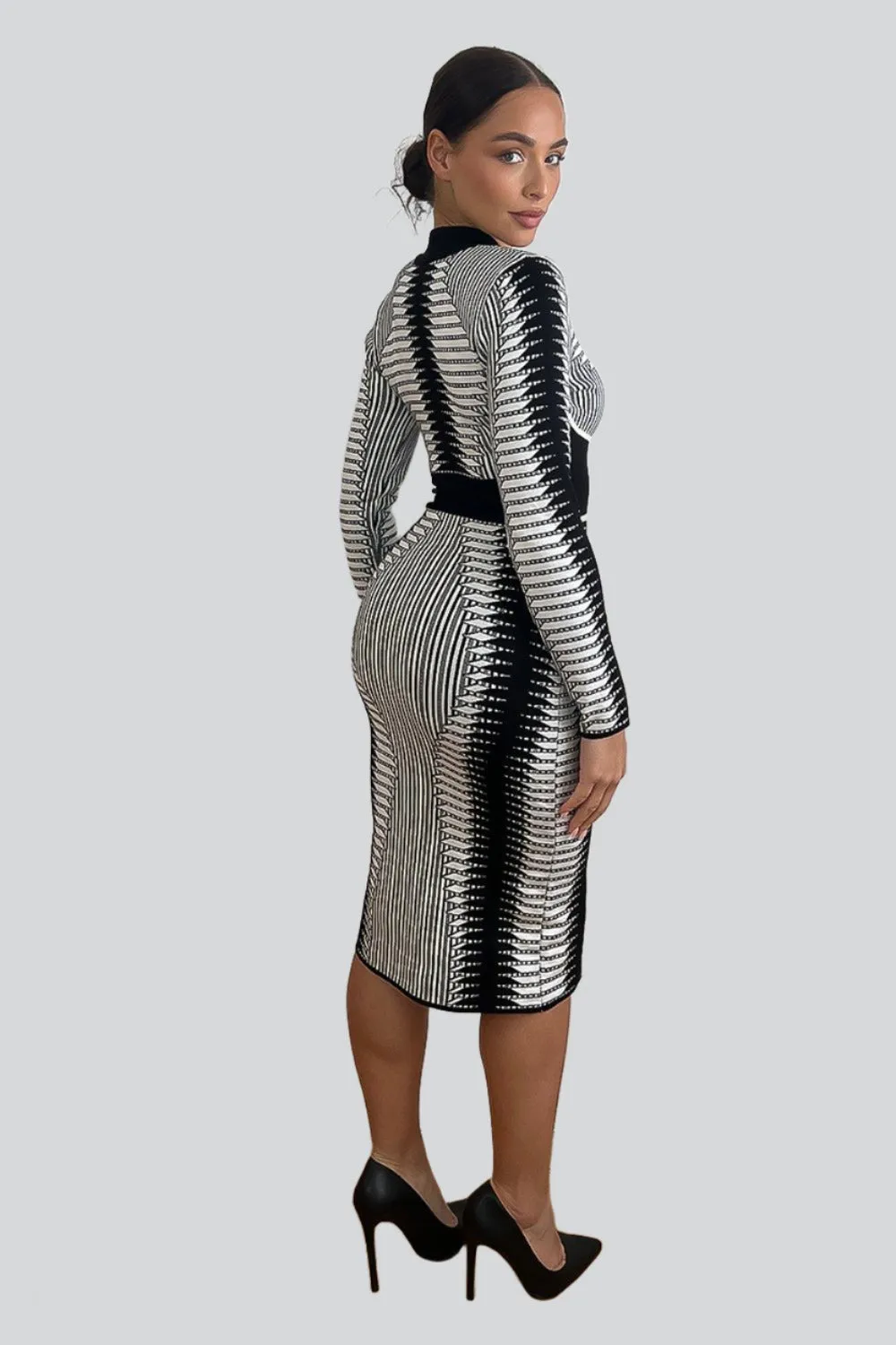 Monochrome Contour Knitted Bodycon Dress