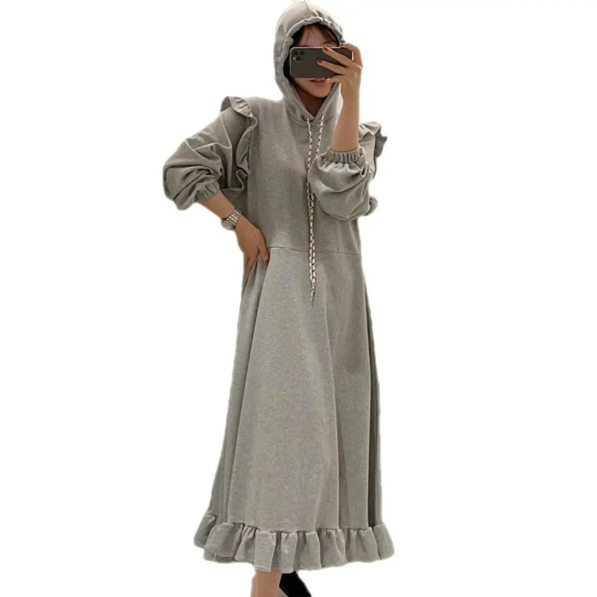 MS007 Maxi Hoodie Dress Bodycon Long Sleeve Hooded