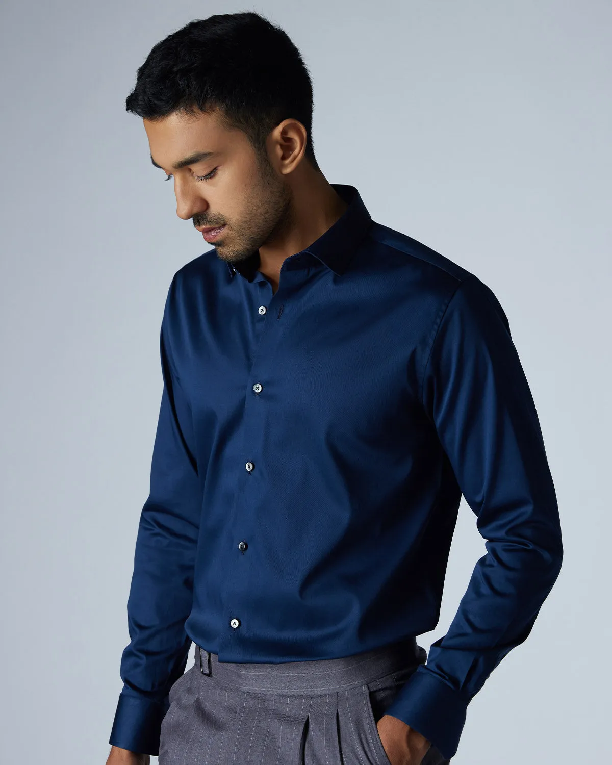 Navy Stretch Satin Shirt