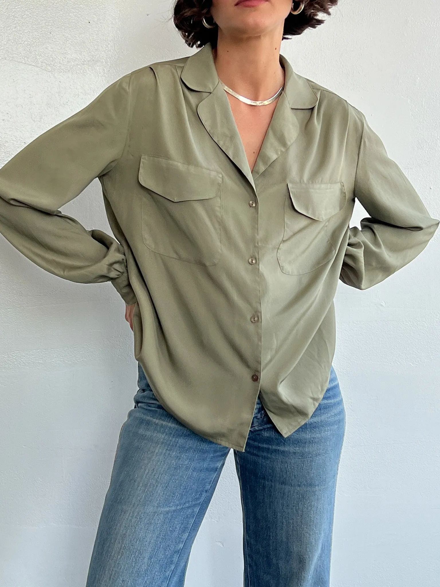 Olive Silk Pocket Blouse