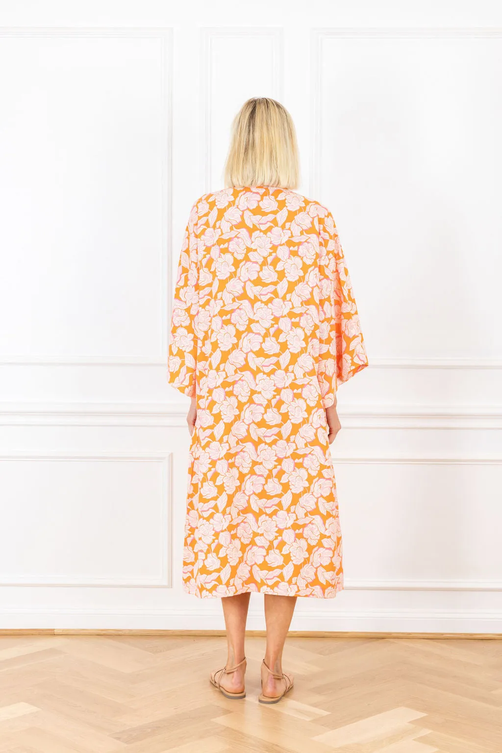 orange floral satin maxi caftan