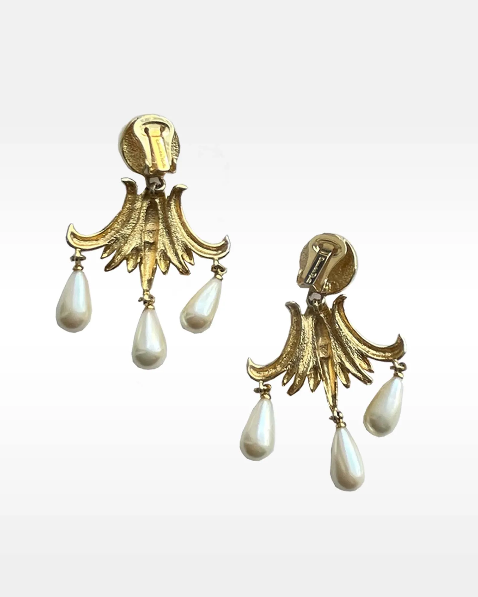 Oscar de la Renta Gold and Faux Pearl Clip Earrings