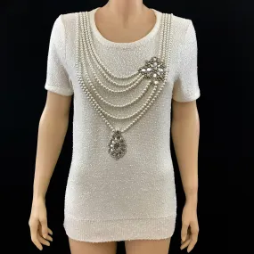 Oscar De La Renta Jeweled and Pearl White Sweater Size Large