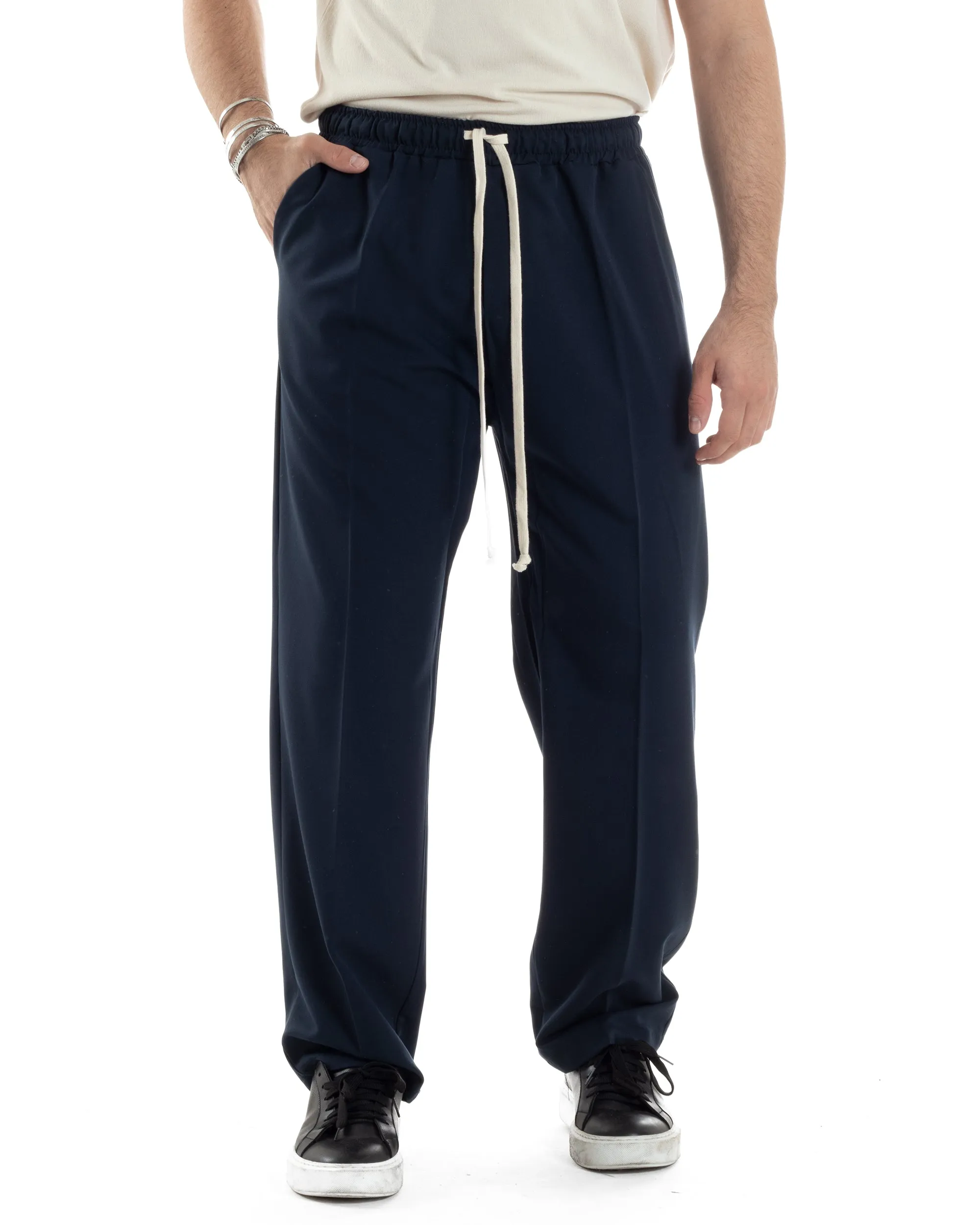 Pantaloni Uomo Pantalaccio Morbido Viscosa Baggy Blu Coulisse Fondo Largo GIOSAL-P6091A