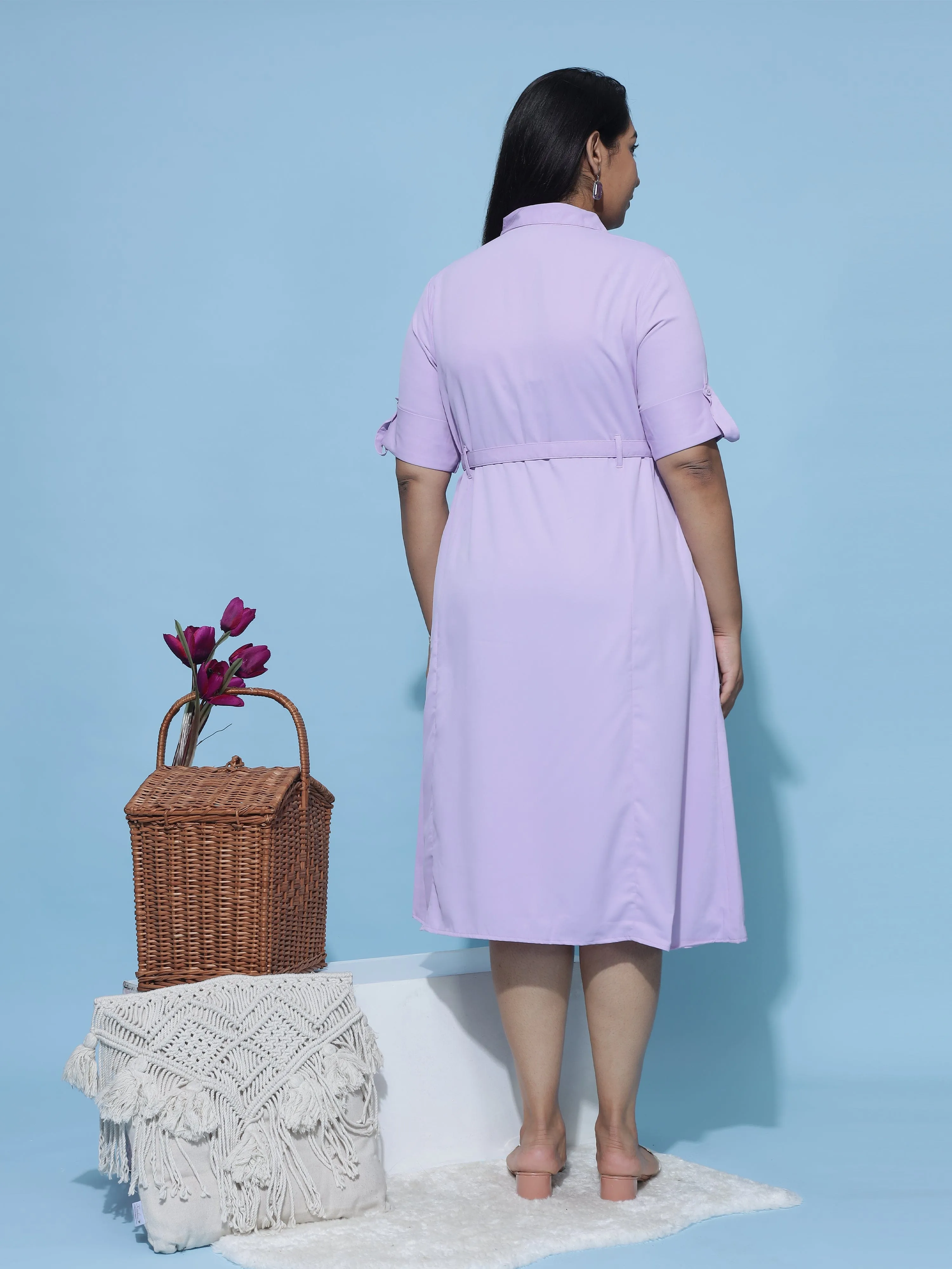 Polyester Collared Neck Dress Lilac