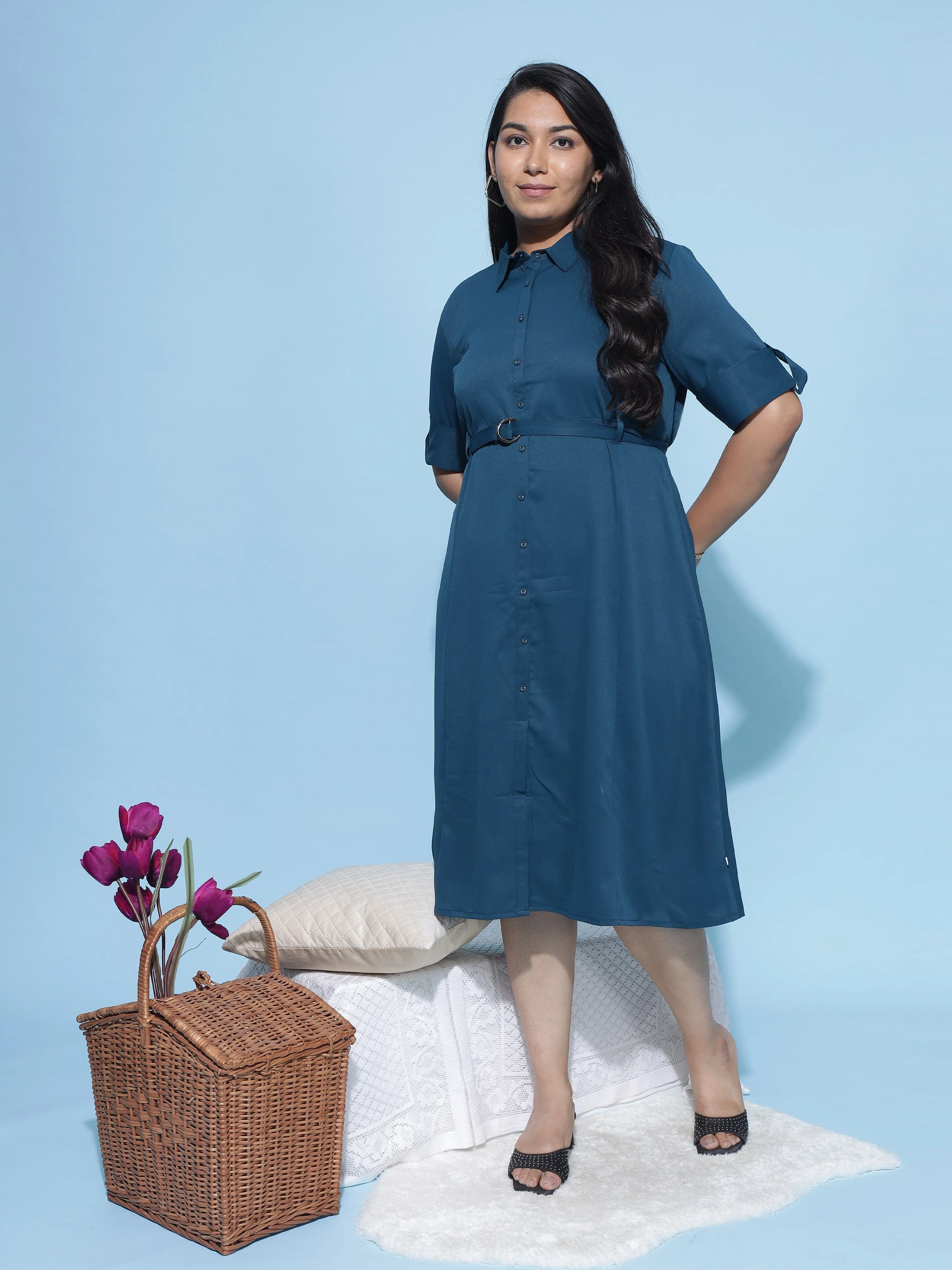 Polyester Collared Neck Dress Steel Blue