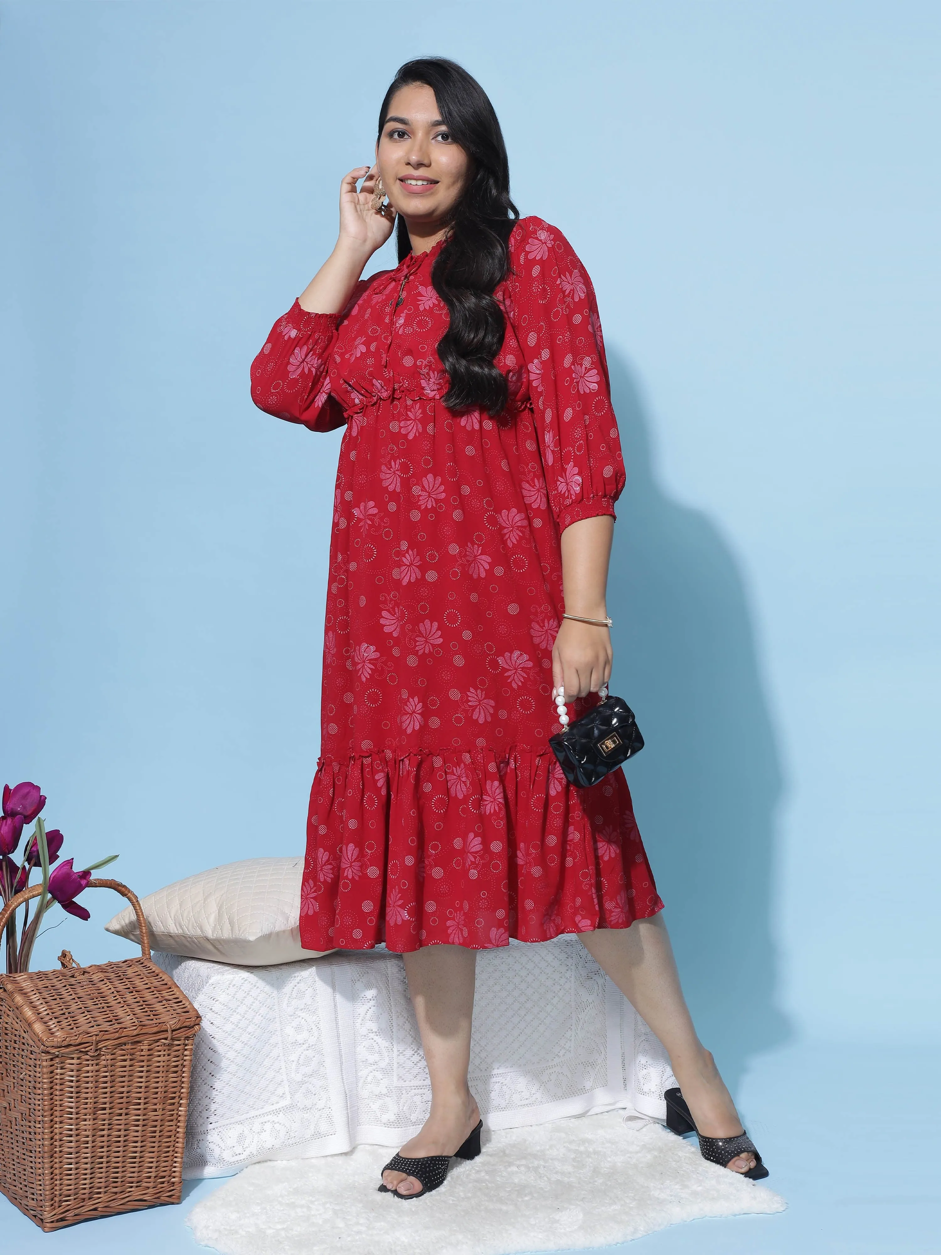 Polyester Floral Printed Dress Red