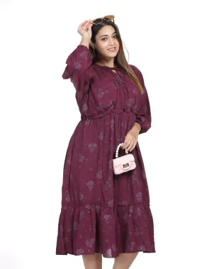 Polyester Floral Printed Dress Wine