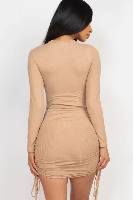 Ribbed Drawstring Bodycon Mini Dress