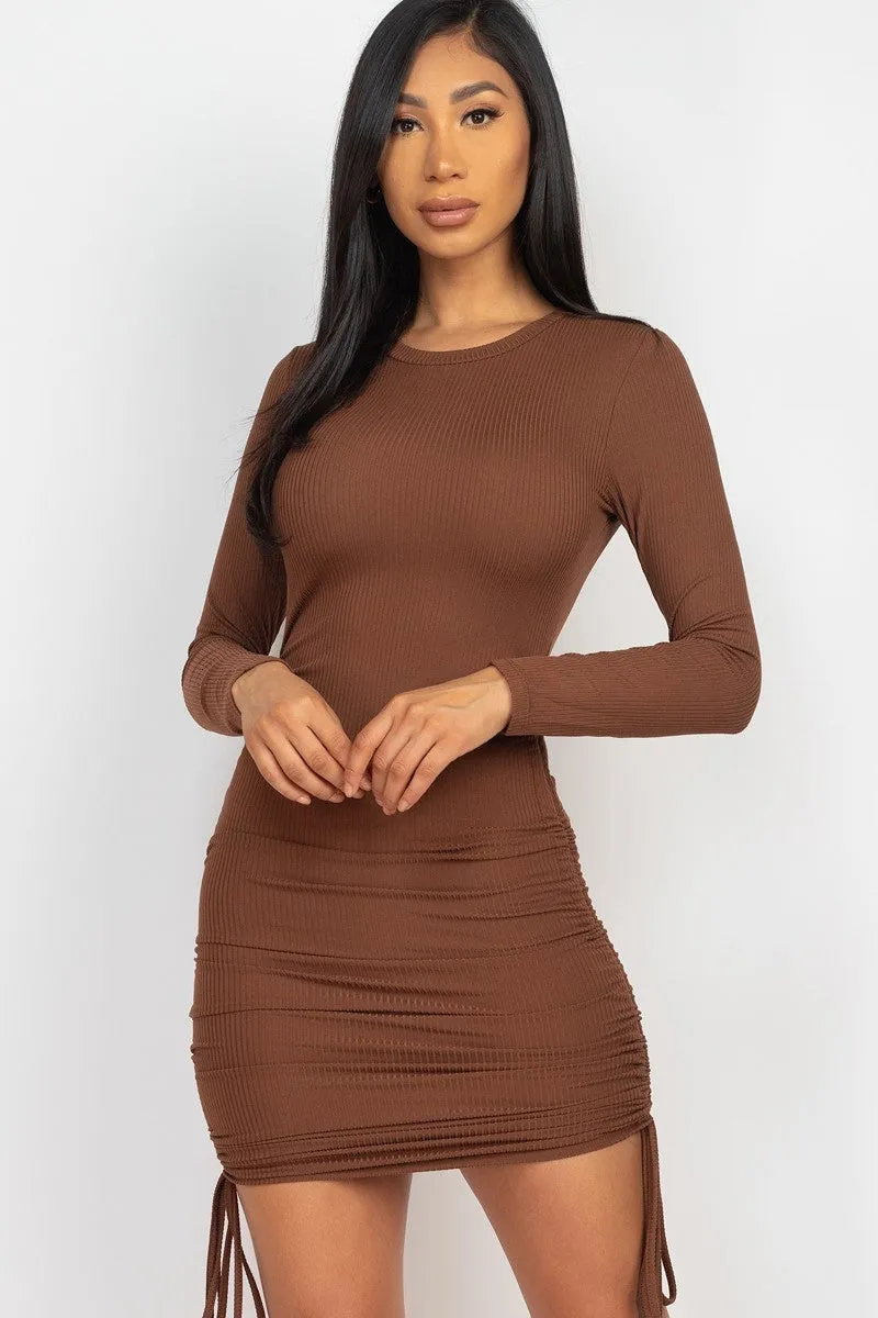 Ribbed Drawstring Bodycon Mini Dress