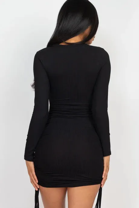 Ribbed Drawstring Bodycon Mini Dress