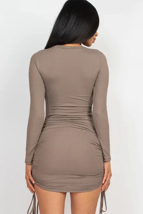 Ribbed Drawstring Bodycon Mini Dress