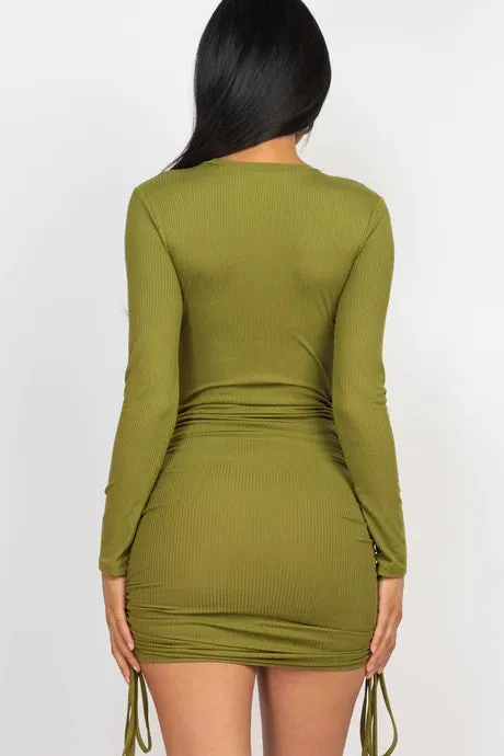 Ribbed Drawstring Bodycon Mini Dress