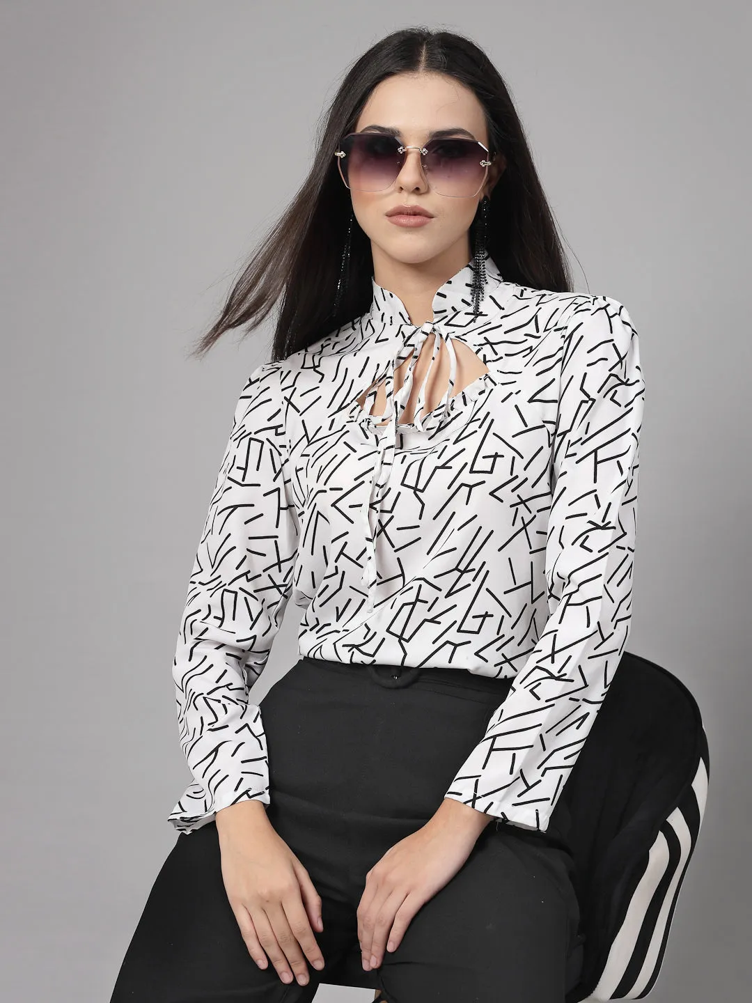 Style Quotient Women Black And White Abstract Print Polyester Smart Casual Top